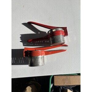 Set Of 2 Red Metal Potato Masher/Ricer. Well Built 1950s